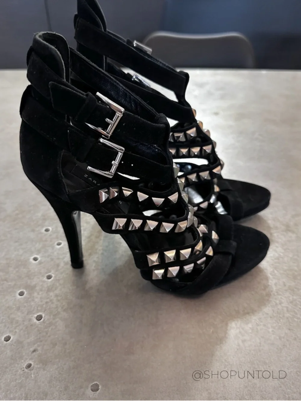 Zara STUDDED Suede Heels Black EU 38 - Picture 3 of 7